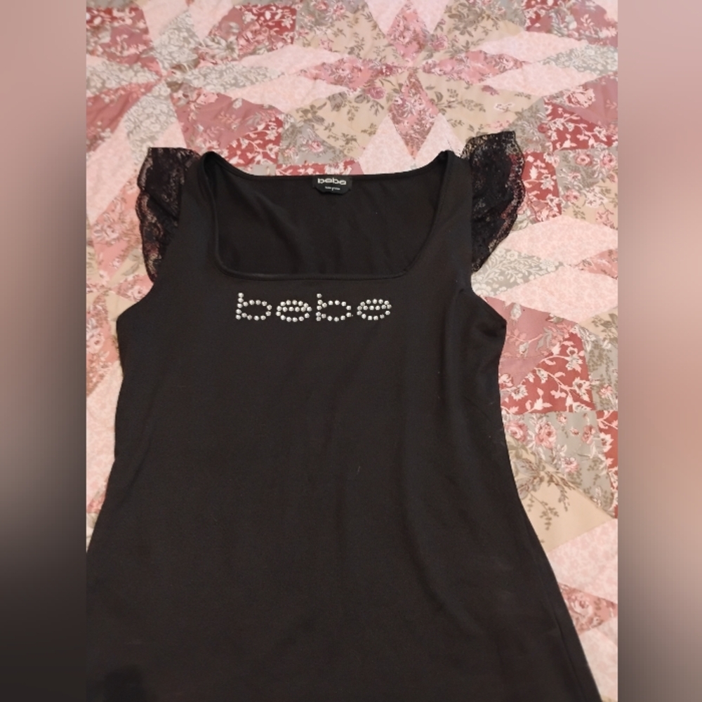 Bebe Black Top with Lace Sleeves